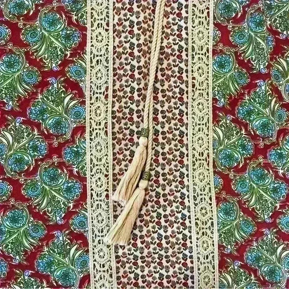 Daniel Rainn Womens S Red Brown Pattern Long Sleeve Boho Crochet Tassel Blouse - Picture 7 of 12